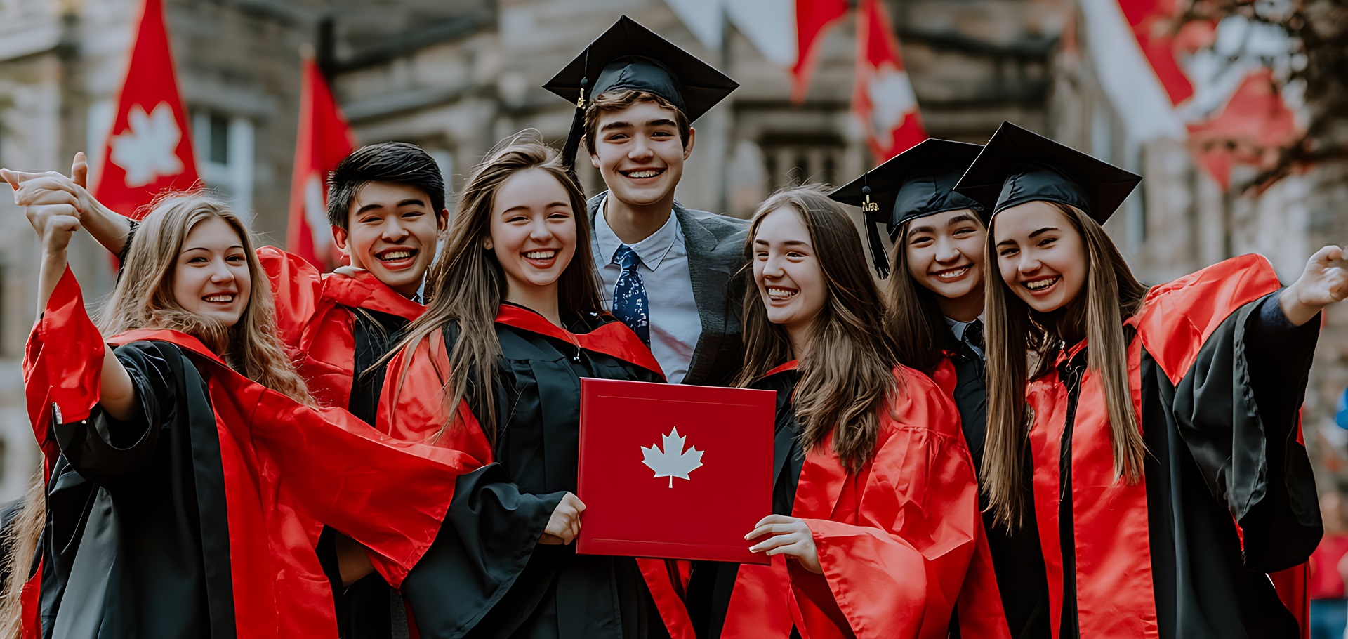 Groupe diversifié d'étudiants internationaux souriant sur un campus canadien